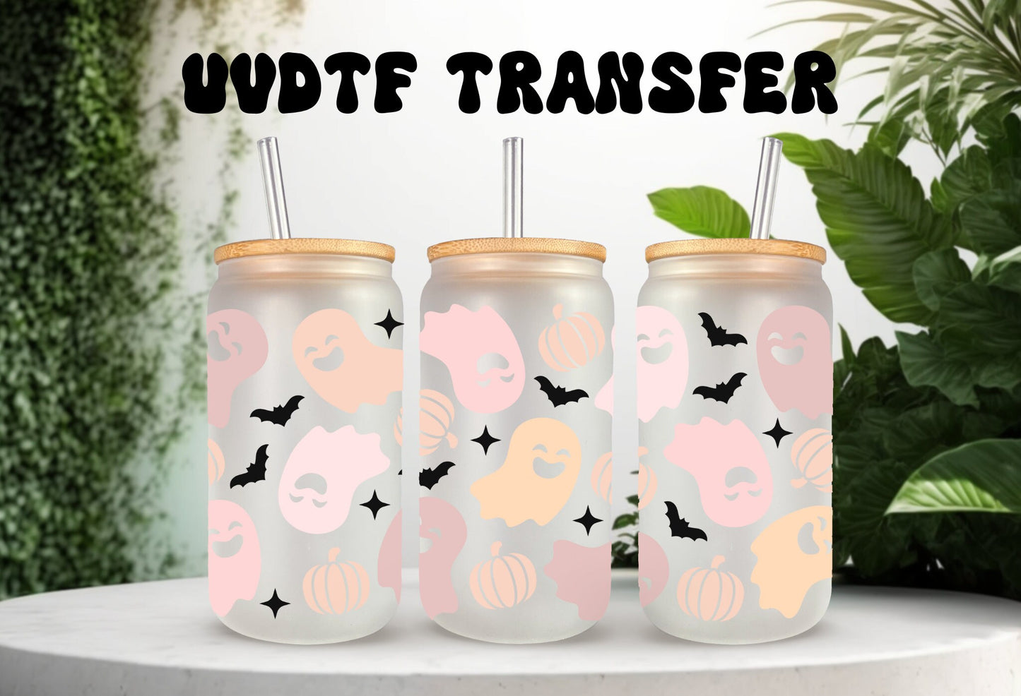 UVDTF Wrap Pastel Ghost Halloween 16 oz Can Glass, Mug, 40 oz  Wrap, Ghost Wrap, Ready to apply, Permanent Waterproof Adhesive