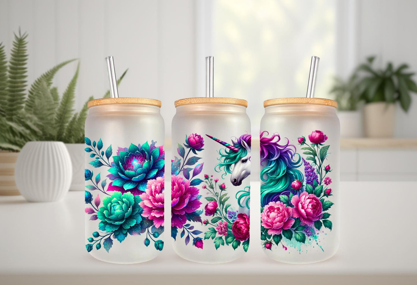 UVDTF Wrap Floral Unicorn 16oz Can Glass Mug Tumbler Wrap, Unicorn Wrap, Ready to apply, Permanent Waterproof Adhesive