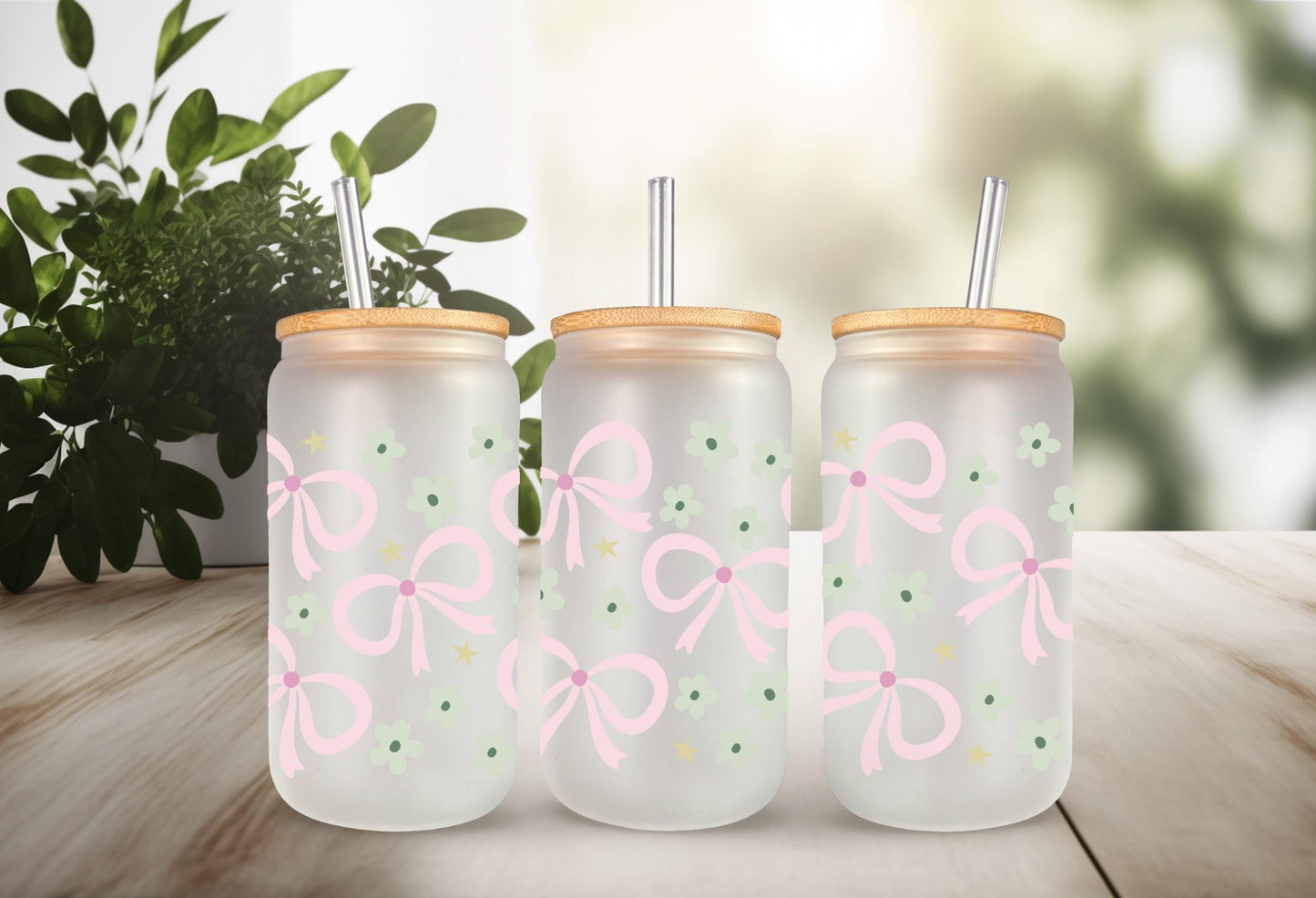 UVDTF Wrap Floral Bows Coquette 16oz Can Glass Mug Tumbler, Ready to Apply, Permanent Waterproof Adhesive, Double Sided Option