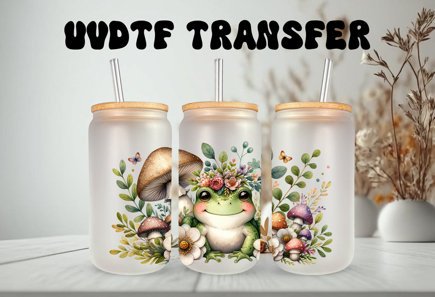 UVDTF Wrap Cute Frog Mushrooms 16oz Can Glass, Mug Tumbler, Frog Wrap, Ready to apply, Permanent Adhesive, Double sided option