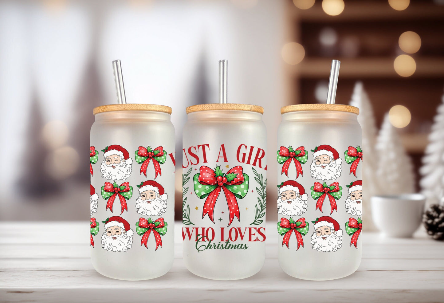 UVDTF Wrap Just a Girl Who Loves Christmas Coquettes Bows 16oz Can Glass, Mug,  40oz  Tumbler, Ready to apply, Christmas Wrap