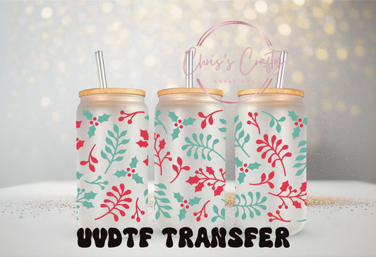 UVDTF Wrap Glass Red Green Holly for 16oz Can Glass Mug Tumbler, Ready to apply, Permanent Waterproof Adhesive