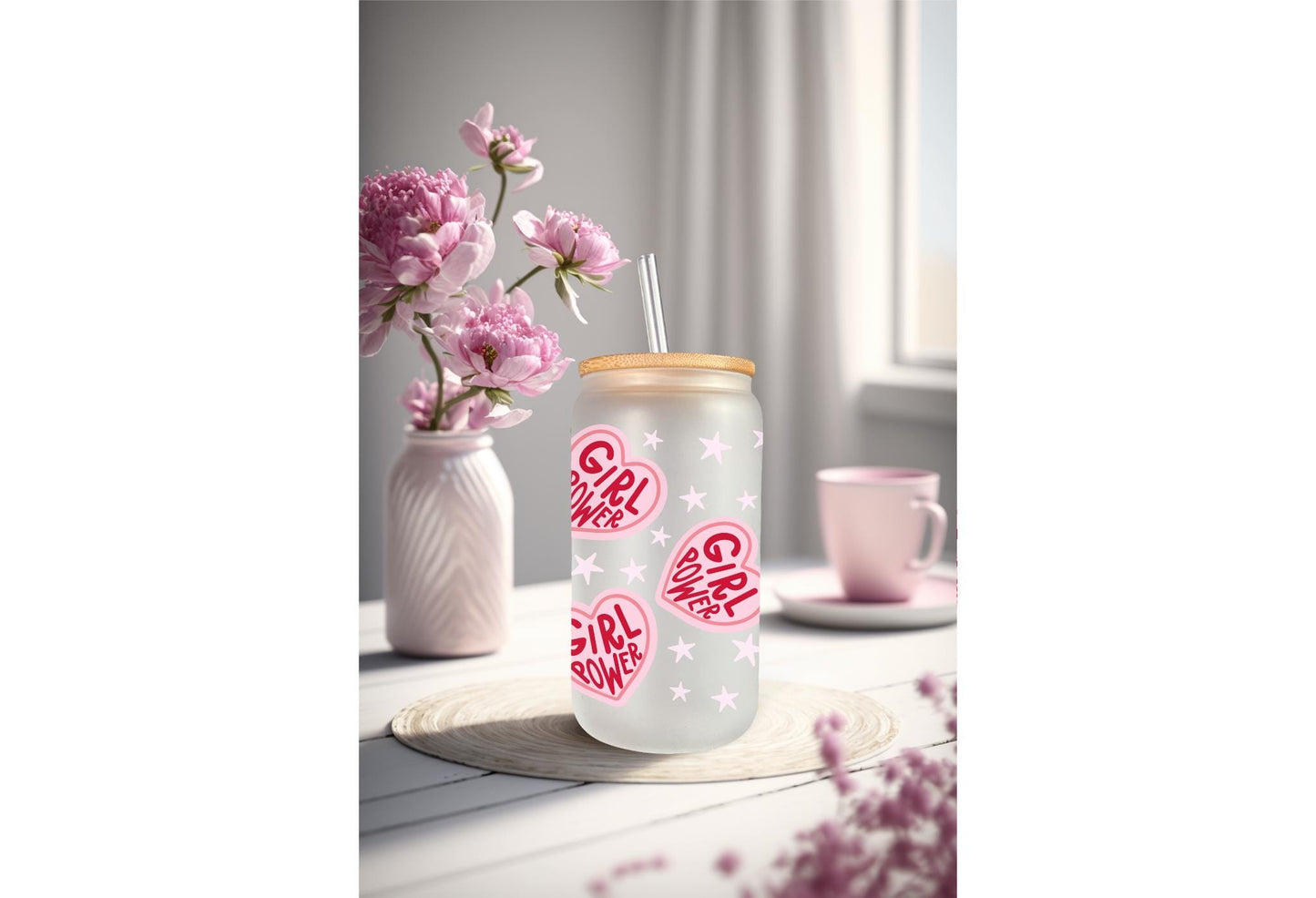 UVDTF Wrap Hearts Girl Power 16oz Can Glass Wrap Mug Tumbler, Ready to Apply, Permanent Waterproof Adhesive