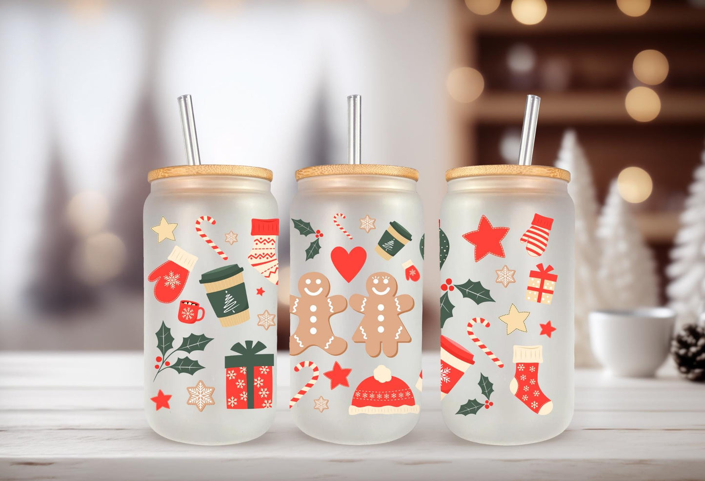 UVDTF WRAP Gingerbread Man Christmas 16oz Can Glass Mug Tumbler, Ready to apply, Waterproof Permanent Adhesive