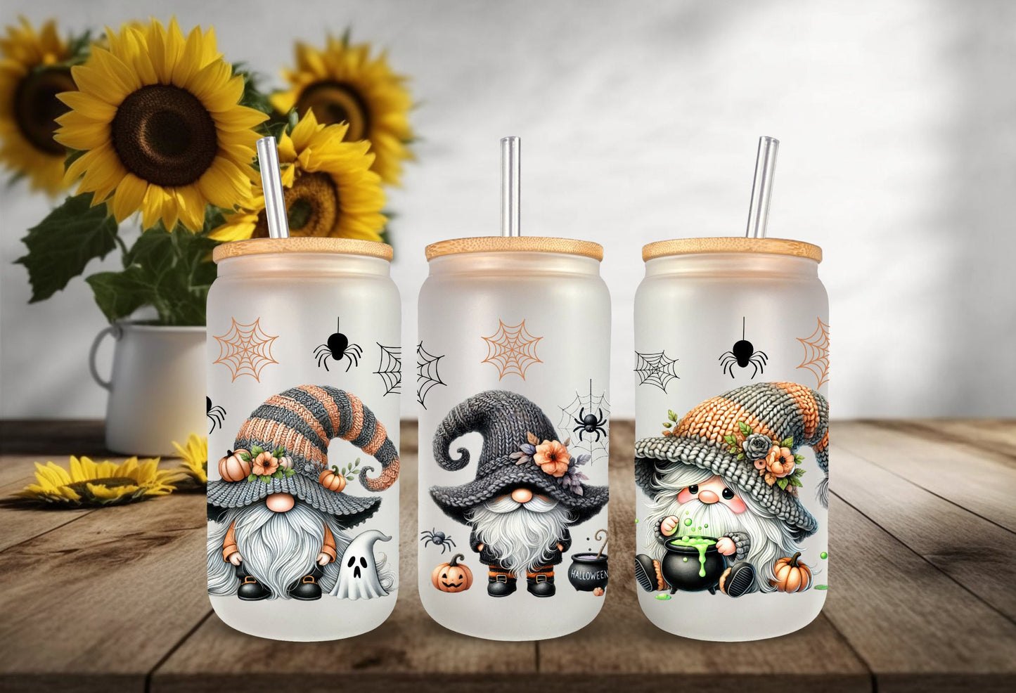 UVDTF Wrap Halloween Gnomes Spider 16 oz Can Glass Mug Tumbler, Gnome Wrap, Ready to apply, Permanent Adhesive, Double sided option