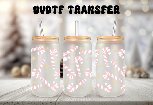 UVDTF Wrap Pink Candy Canes for 16oz Can Glass, Mug, Tumbler, Ready to apply, Waterproof Permanent Adhesive