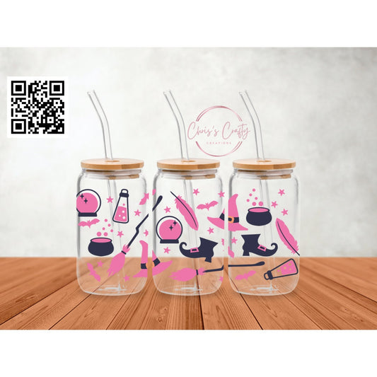 UVDTF Wrap Halloween Cute Pink Witches Shoes Broom for 16 oz Can Glass Mug Tumbler,  Ready to apply, Permanent Waterproof Adhesive