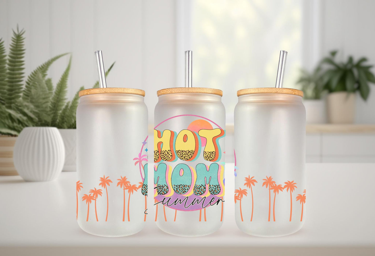 UVDTF Wrap Hot Mom Summer Leopard 16oz Can Glass Mug Tumbler, Ready to Apply, Permanent Water Adhesive