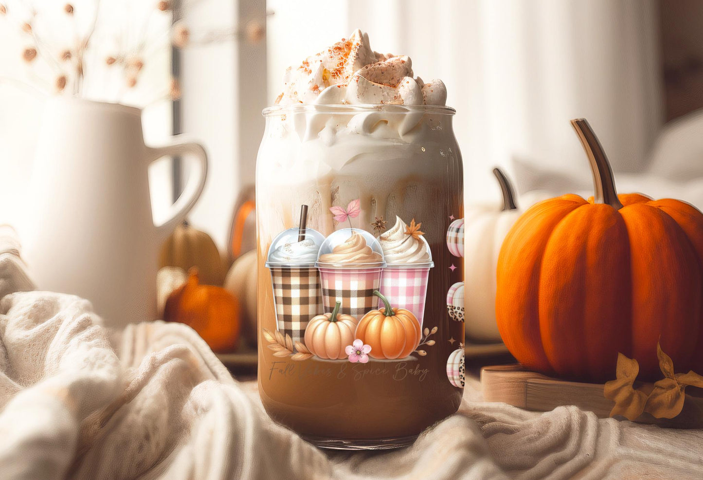 UVDTF Wrap Fall Vibes Spice Baby for 16oz Can Glass or 40oz Tumbler, Iced Coffee, Ready to apply, Permanent adhesive