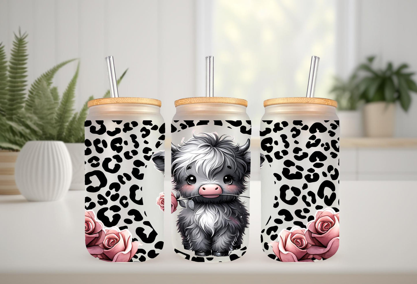 UVDTF Wrap Highland Cow Roses Leopard Print 16oz Can Glass Mug Tumbler Wrap, Geese Wrap, Ready to apply, Permanent Adhesive