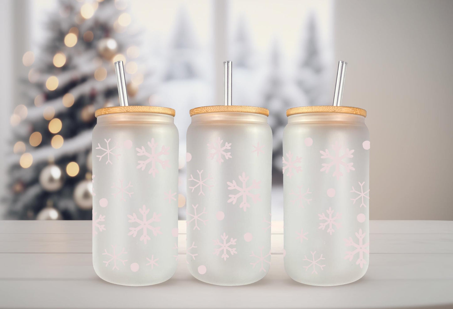 UVDTF Wrap Pink Snowflakes 16oz Can Glass Mug Tumbler. Winter Wrap, Ready to Apply, Permanent Waterproof Adhesive, Double Sided Print