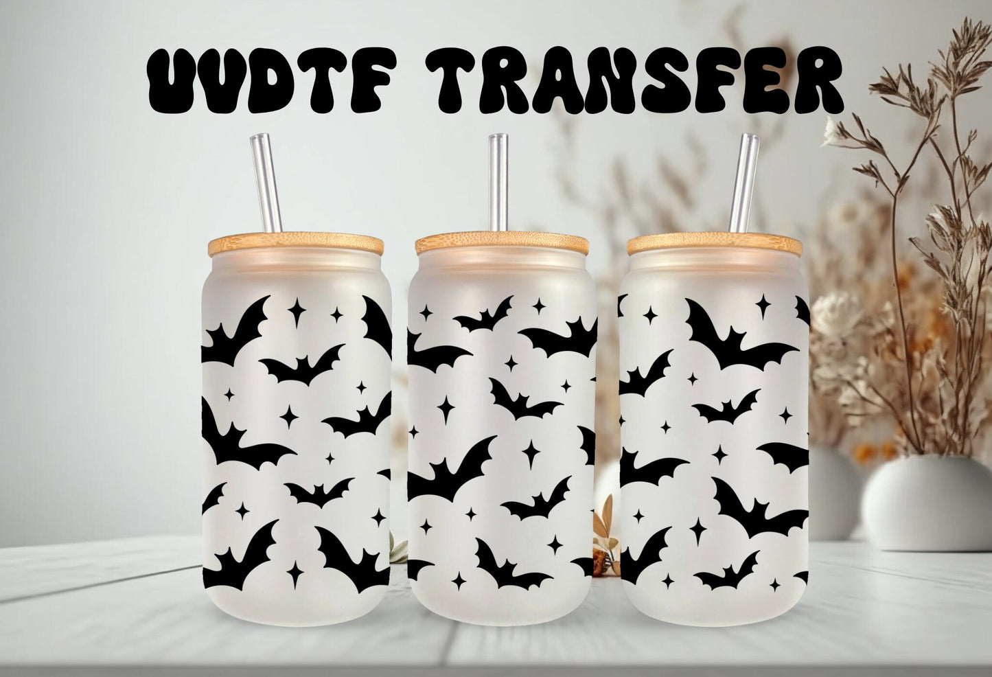 UVDTF Wrap Halloween Black Bats 16oz Can Glass, Mug /tumbler, Ready to Apply, Permanent Waterproof Adhesive
