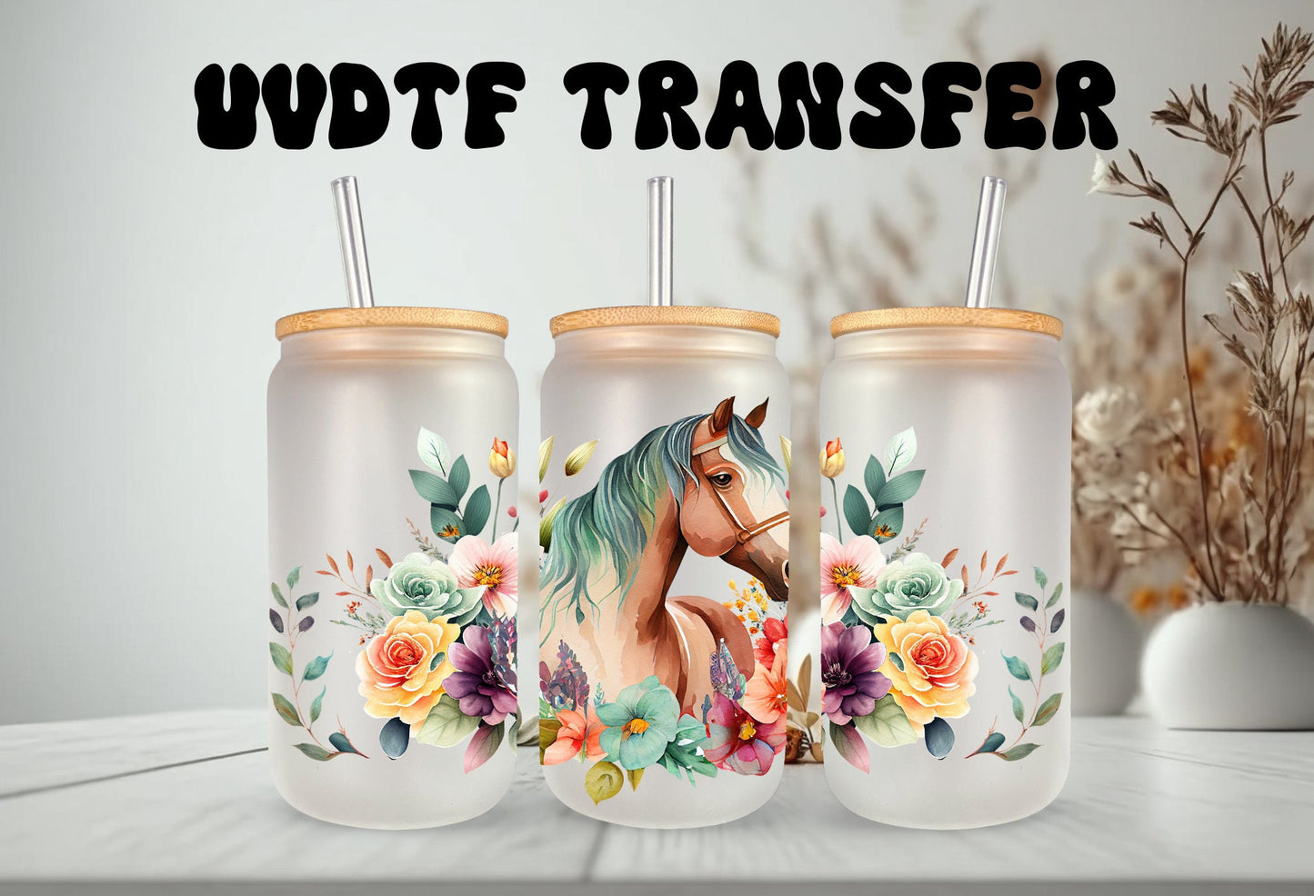 UVDTF Wrap Floral Horse 16oz Can Wrap Mug Mug Tumbler, Floral wrap, Ready to apply, Permanent Adhesive Waterproof, Add on a Cup