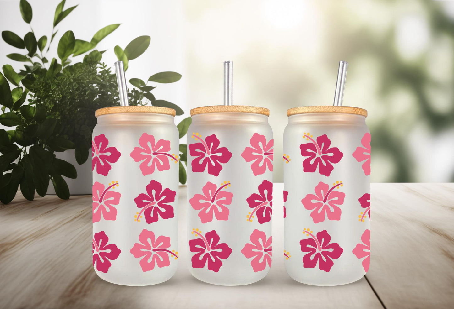 UVDTF Wrap Hibiscus Tropical Flower 16oz Can Glass Mug Tumbler, Tropical wrap, Ready to apply, Permanent Adhesive Waterproof