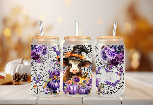 UVDTF Wrap Cow Witch Purple Floral Pumpkin 16oz Can Glass Mug Tumbler,  Ready to Apply, Permanent Waterproof Adhesive