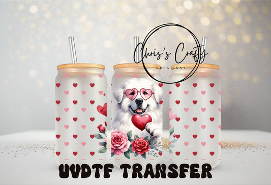UVDTF Wrap Valentine Hearts Great Pyrenees Dog for 16oz Can Glass Mug Tumbler, Ready to apply, Permanent Waterproof Adhesive