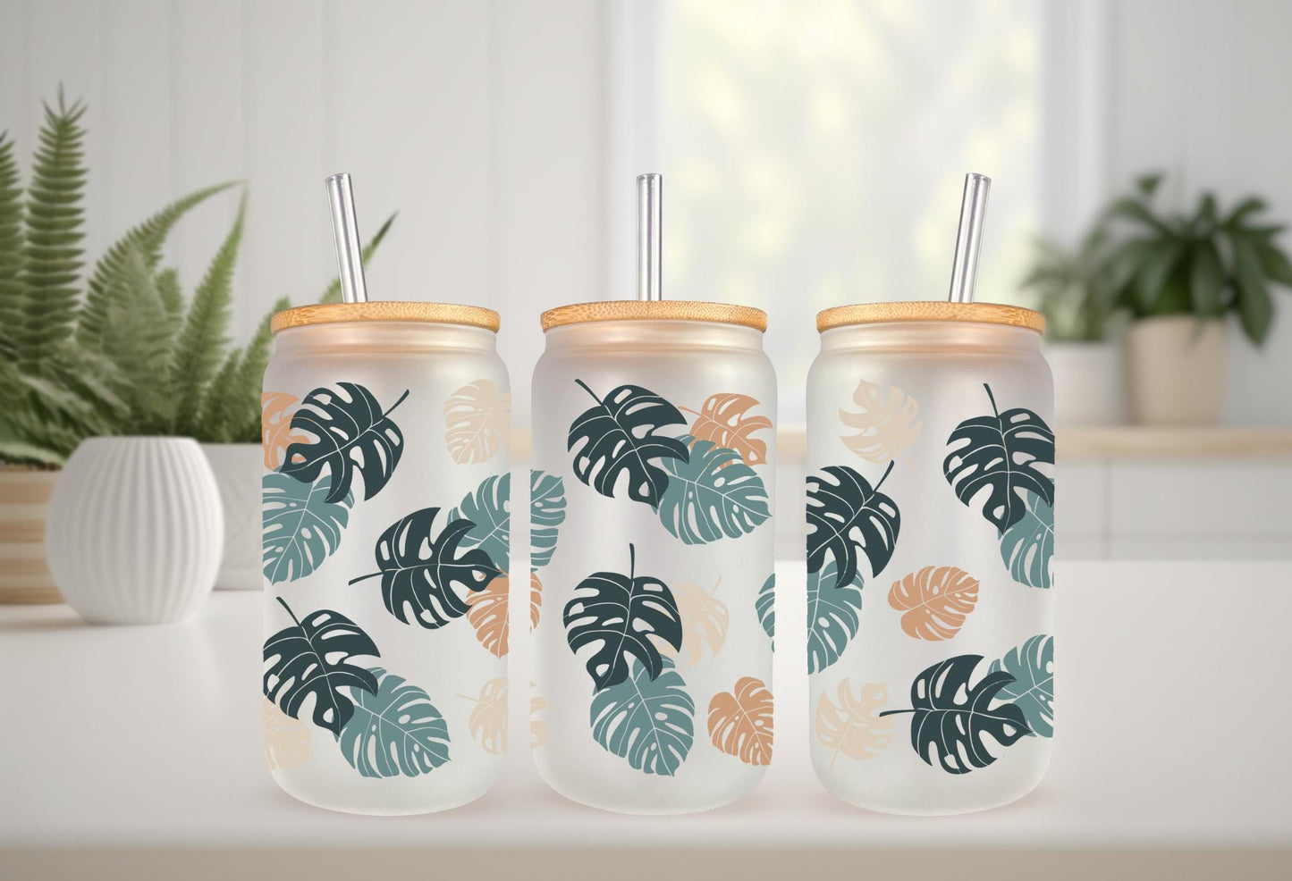 UVDTF Wrap Monstera Houseplants for 16oz Can Glass Mug or Tumbler, Ready to apply, Permanent Waterproof Adhesive. Double sided option