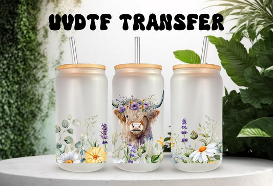 UVDTF Highland Cow Wild Flowers Daisies 16oz Can Glass Mug Tumbler, Cow Floral Wrap, Ready to Apply, Permanent Waterproof Adhesive