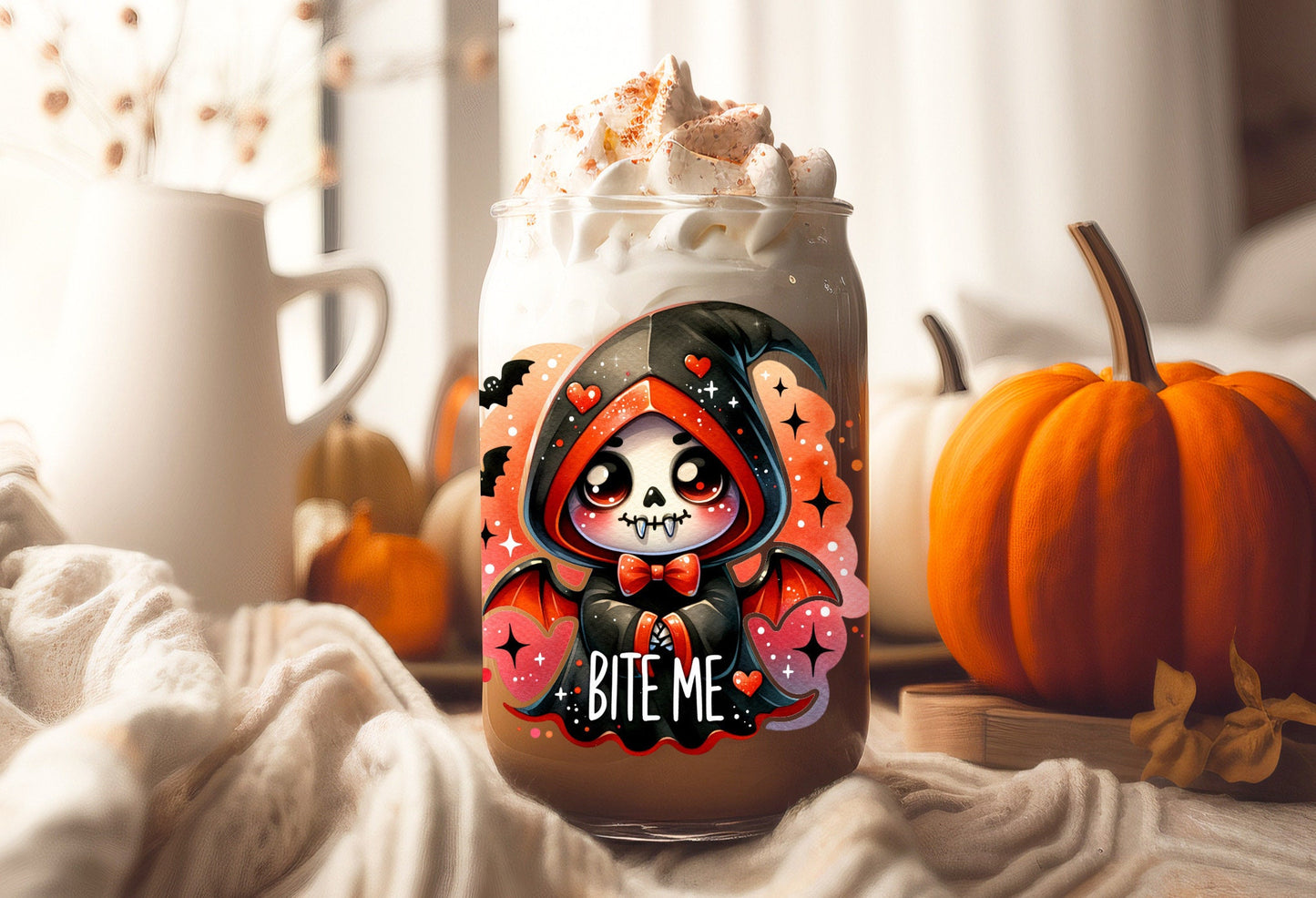 UVDTF Decal Skeleton Reaper Bite Me 16oz Can Glass, Tumbler or Mug, Nurse Decal, Ready to Apply, Permanent Waterproof Adhesive
