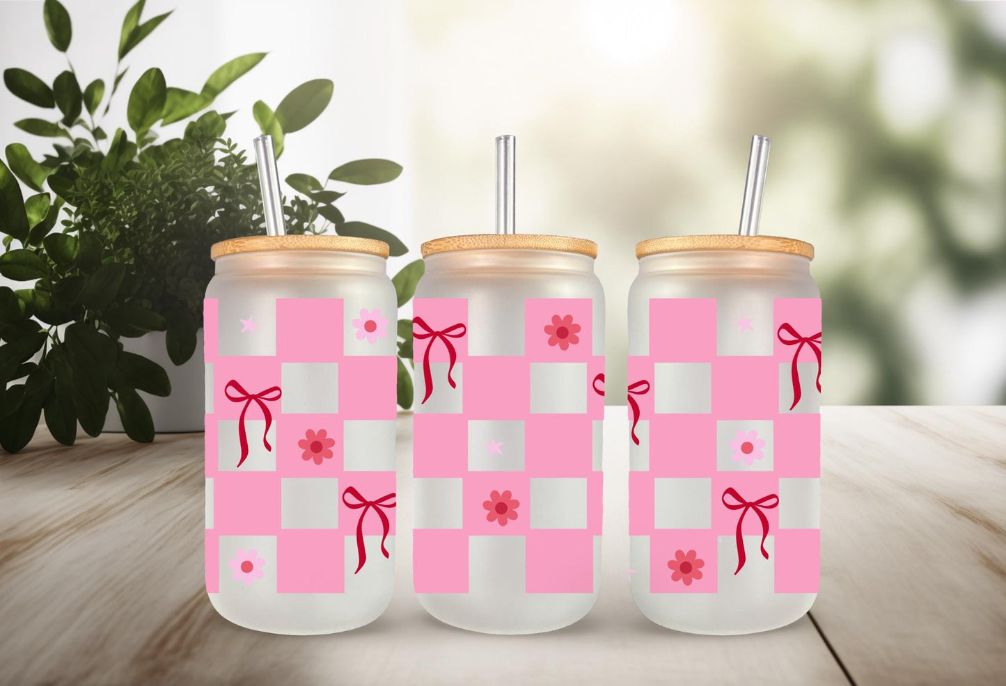 UVDTF Wrap Coquette Bows Checkered Dark Pink 16oz Can Glass Wrap Mug Tumbler, Ready to Apply, Permanent Waterproof Adhesive
