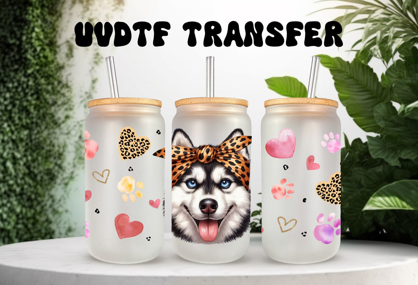 UVDTF Wrap Cute Husky 16 oz Can Glass Wrap, Mug Tumbler, Dog Mom, Ready to apply, Permanent Adhesive Waterproof