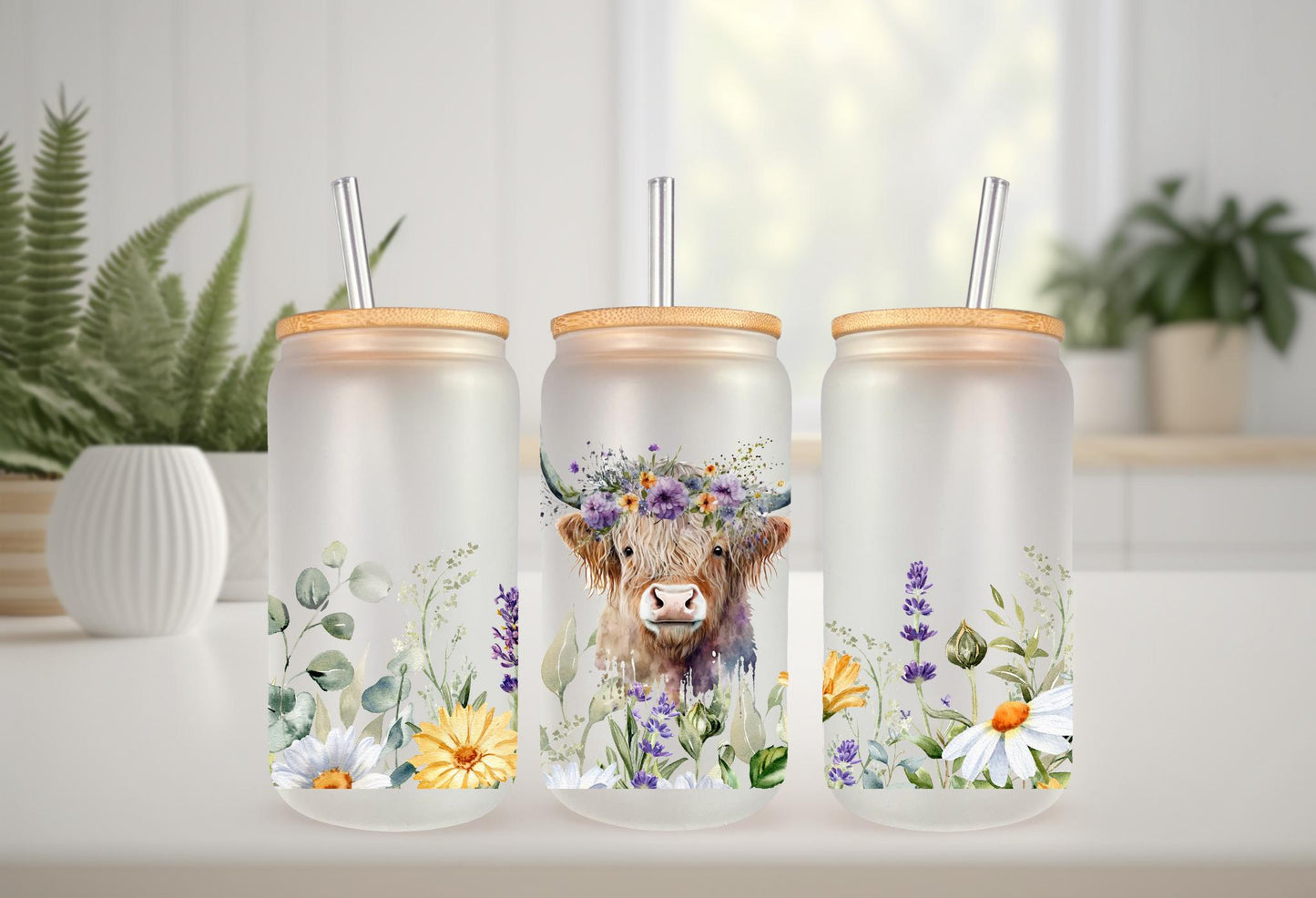 UVDTF Highland Cow Wild Flowers Daisies 16oz Can Glass Mug Tumbler, Cow Floral Wrap, Ready to Apply, Permanent Waterproof Adhesive