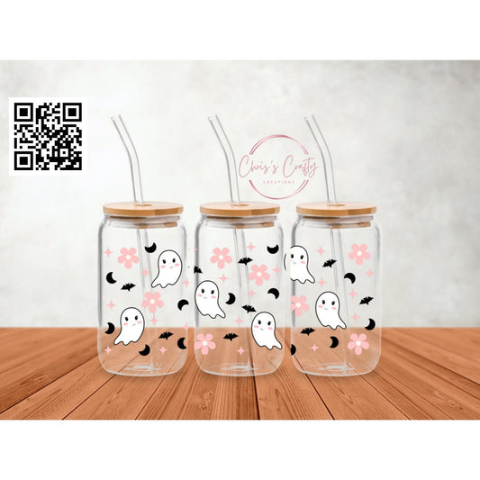 UVDTF Wrap Cute Ghosts Floral 16oz Can Glass, Ghost wrap, Ready to apply, Permanent Waterproof Adhesive