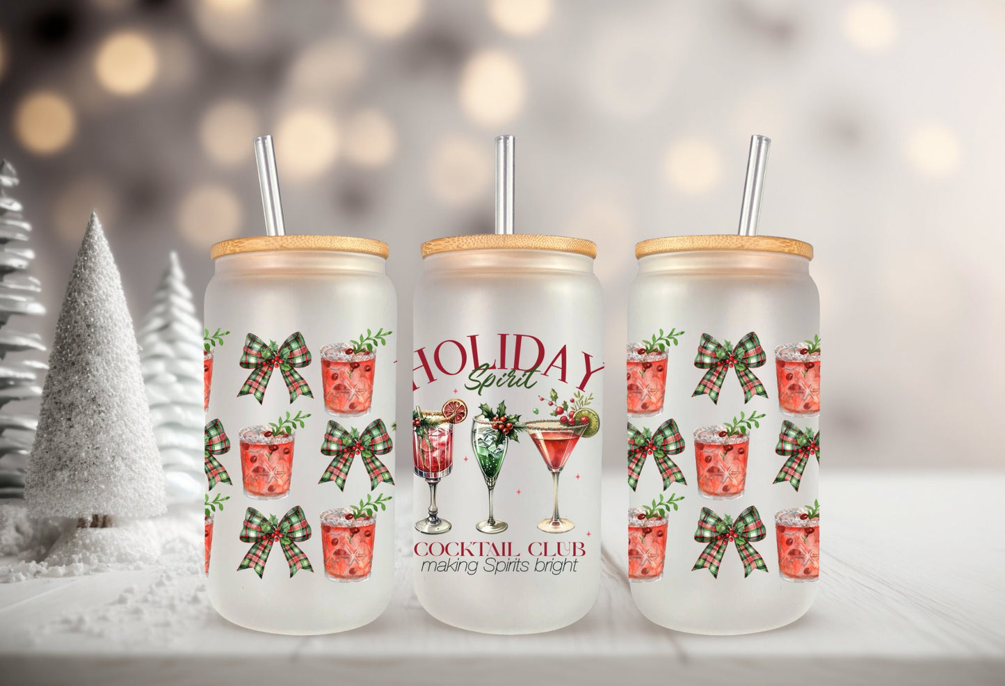 UVDTF Wrap Holiday Spirit Cocktail Club Coquettes Bows 16oz Can Glass, Mug, Tumbler, Ready to Apply, Permanent Waterproof Adhesive