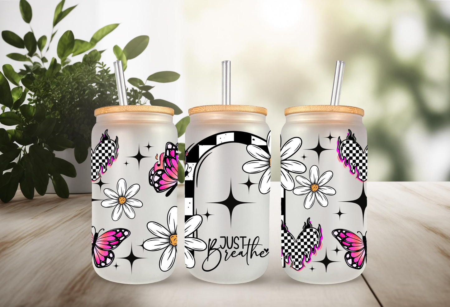 UVDTF Wrap Positive Saying Floral Butterfly 16oz Can Glass Mug Tumbler, Just Breathe Wrap, Ready to Apply, Permanent Waterproof Adhesive