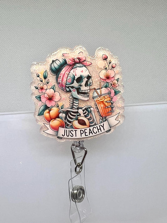 Just Peachy Badge Reel – Glittery Skeleton with Peaches and Flowers, Fun Retractable ID Holder