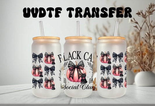 UVDTF Wrap Black Cat Social Club Pink Pumpkin Coquettes Bows 16oz Can Glass, Mug Tumbler, Ready to Apply, Permanent Waterproof Adhesive