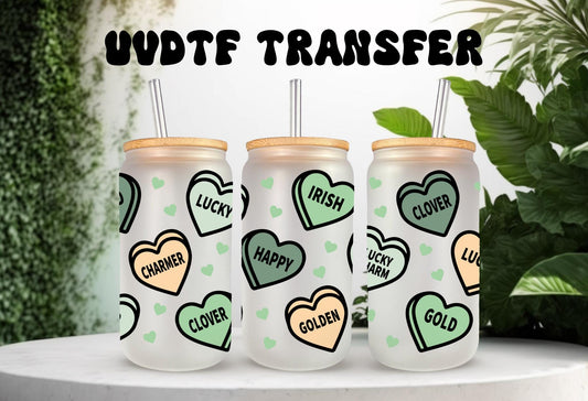 UVDTF Wrap St.Patrick Conversation Hearts 16oz Can Glass Mug Tumbler, Heart Wrap, Ready to apply, Permanent Waterproof Adhesive
