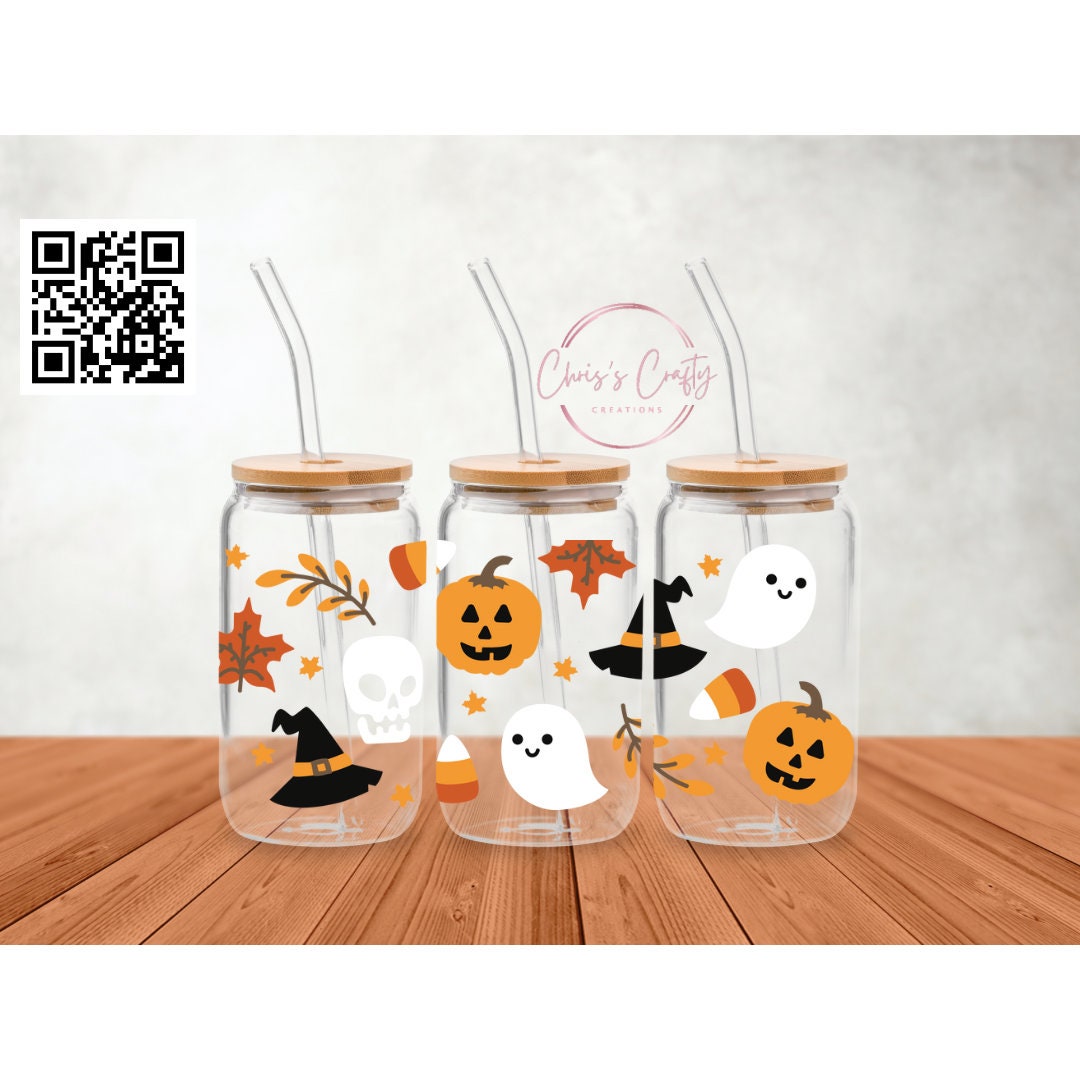 UVDTF Wrap Halloween Candy Ghosts Witches Hat Jack o lantern  16oz Can Glass Mug or Tumbler, Halloween, Ready to apply, Permanent Adhesive