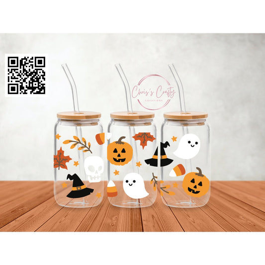 UVDTF Wrap Halloween Candy Ghosts Witches Hat Jack o lantern  16oz Can Glass Mug or Tumbler, Halloween, Ready to apply, Permanent Adhesive