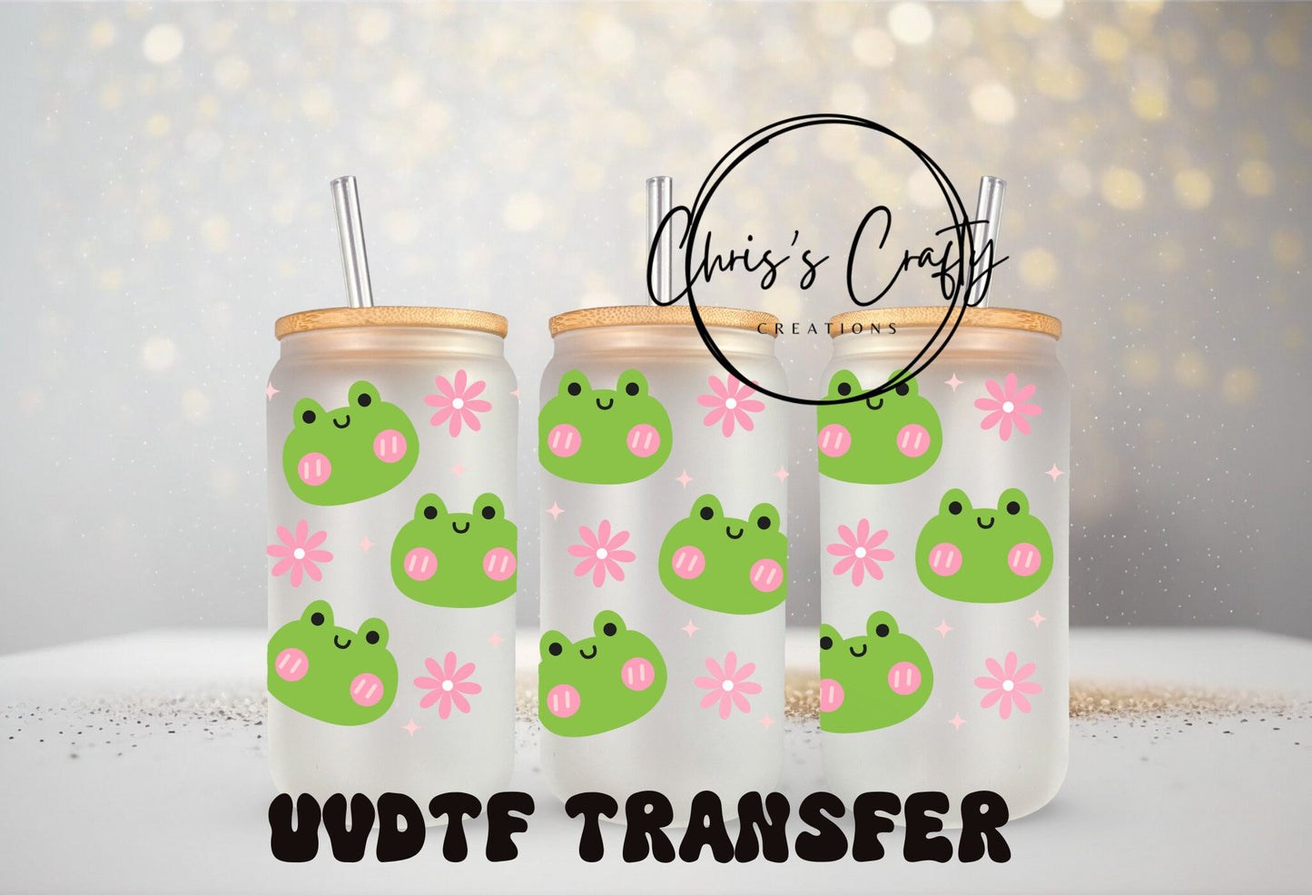 UVDTF Wrap for Cute Frogs Pink Flowers 16 oz Can Glass, Frog Wrap, Ready to apply, Permanent Waterproof Adhesive