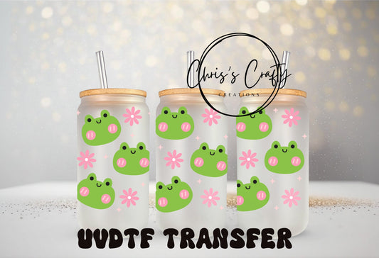 UVDTF Wrap for Cute Frogs Pink Flowers 16 oz Can Glass, Frog Wrap, Ready to apply, Permanent Waterproof Adhesive