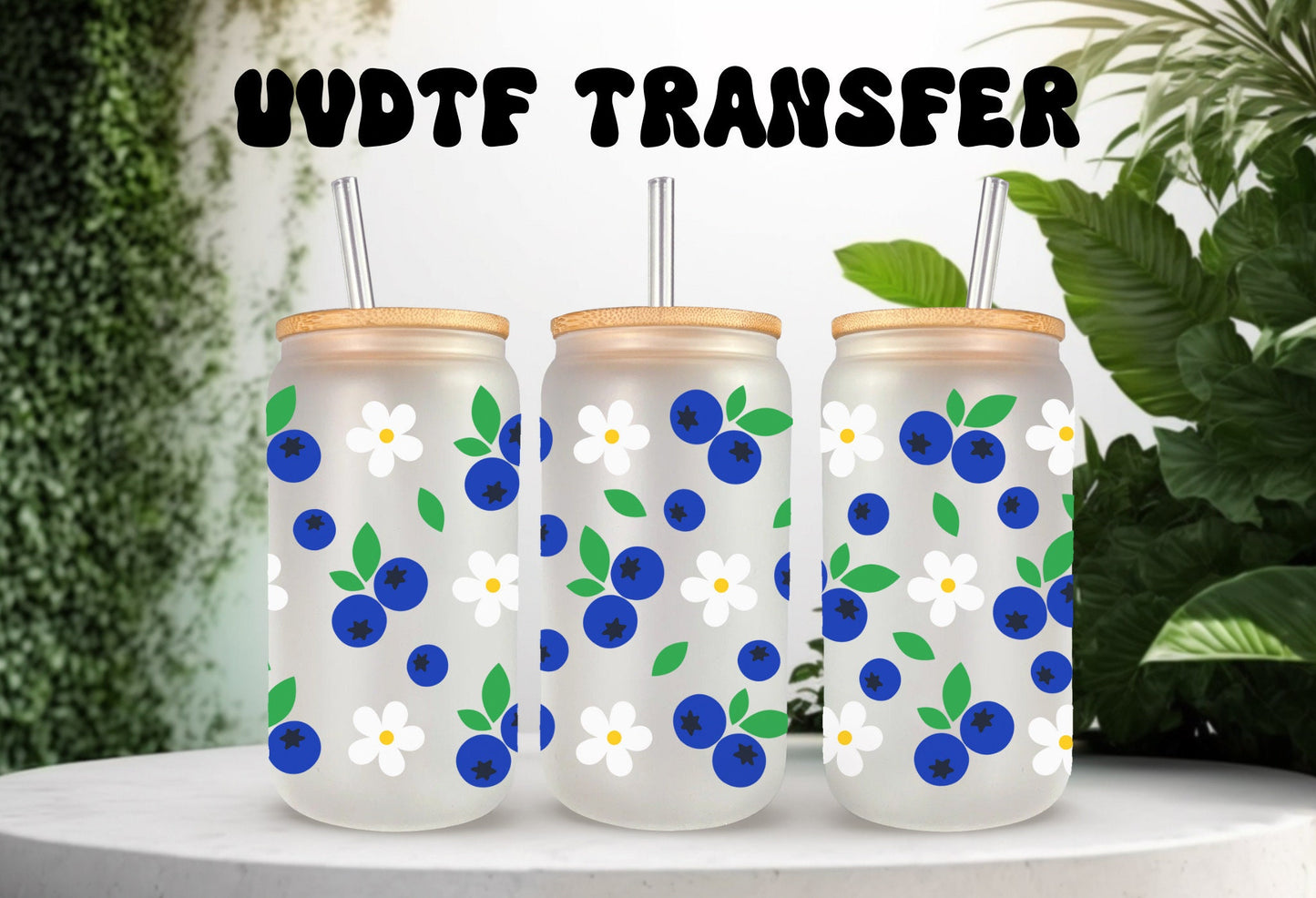 Blueberry Daisy Wrap | 16oz Can Glass Mug Tumbler with Waterproof Adhesive Decal