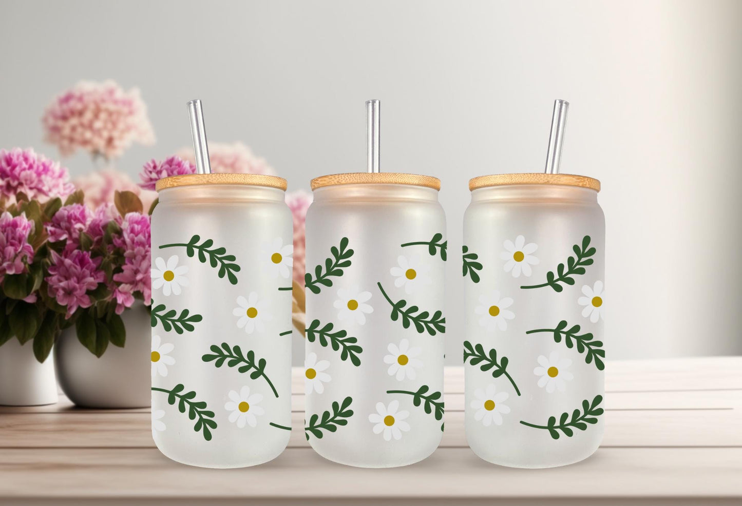 UVDTF Wrap Garden Daisy 20oz Can Glass Mug Tumbler, Floral Wrap, Ready to apply, Permanent Adhesive Waterproof, Double Sided Option