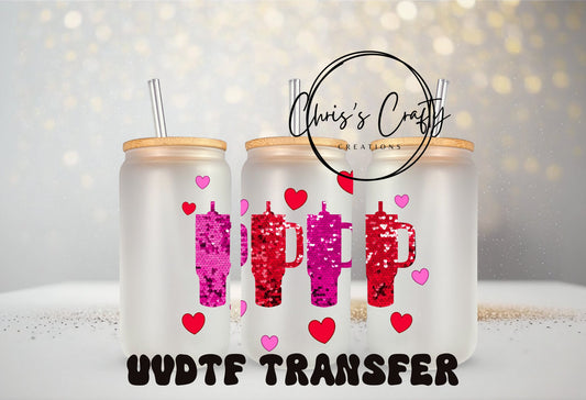 UV DTF Wrap Valentine Faux Glitter Tumbler for 16oz, 20oz Can Glass Mug Tumbler, Ready to apply, Permanent Waterproof Adhesive