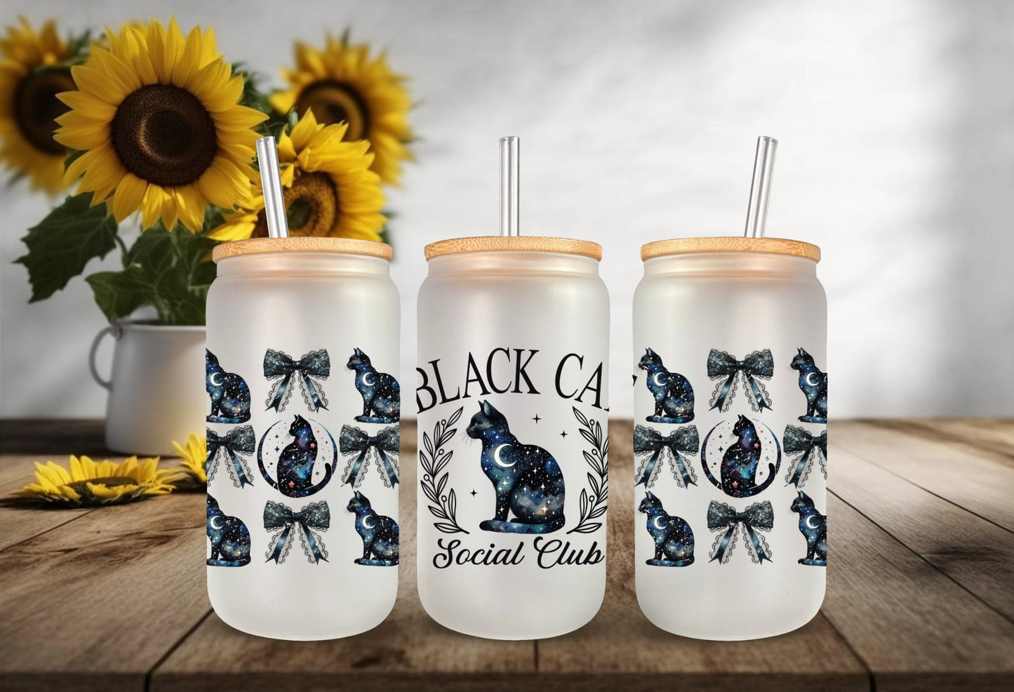 UVDTF Wrap Black Cat Social Club Coquettes Bows 16 oz Can Glass, Mug, Tumbler, Ready to Apply, Permanent Waterproof Adhesive