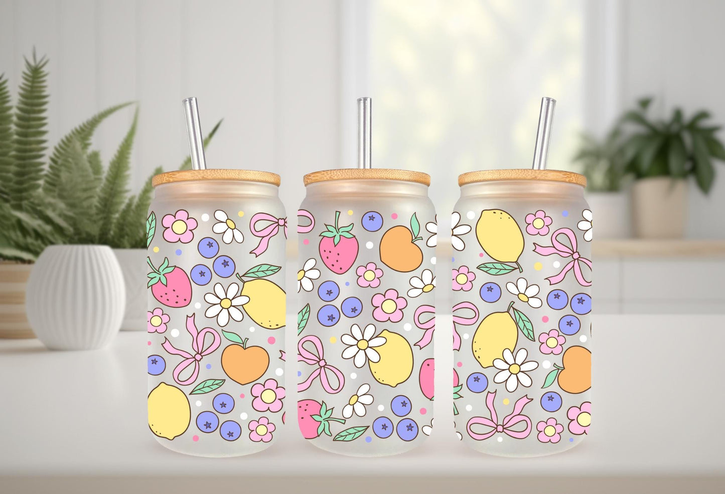 UVDTF Wrap Lemon Strawberry Blueberry Daisy Bow 16oz Can Glass Mug Tumbler, Ready to apply, Permanent Waterproof Adhesive