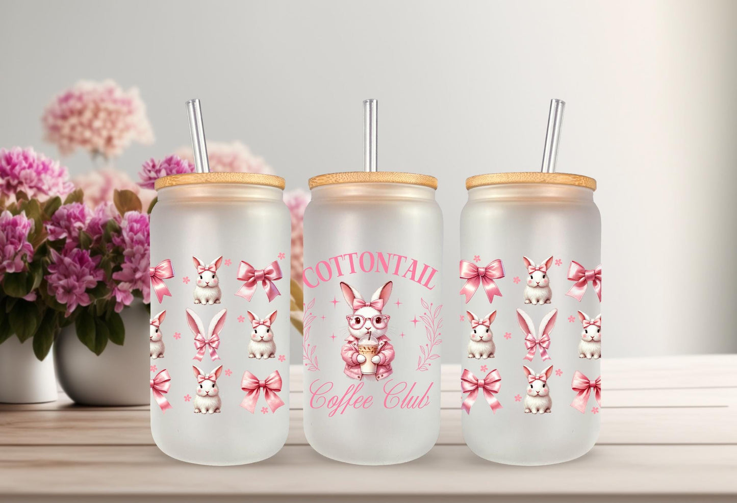 UVDTF Wrap Bunny Coquette Bows for 16oz Can Glass Mug Tumbler, Daisy Wrap, Ready to apply, Permanent Adhesive Waterproof