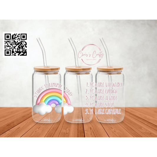 UVDTF Wrap Inspirational Motivational 5 Things to Remember Today 16oz Can Glass Mug Tumbler, Ready to Apply, Permanent Waterproof Adhesive