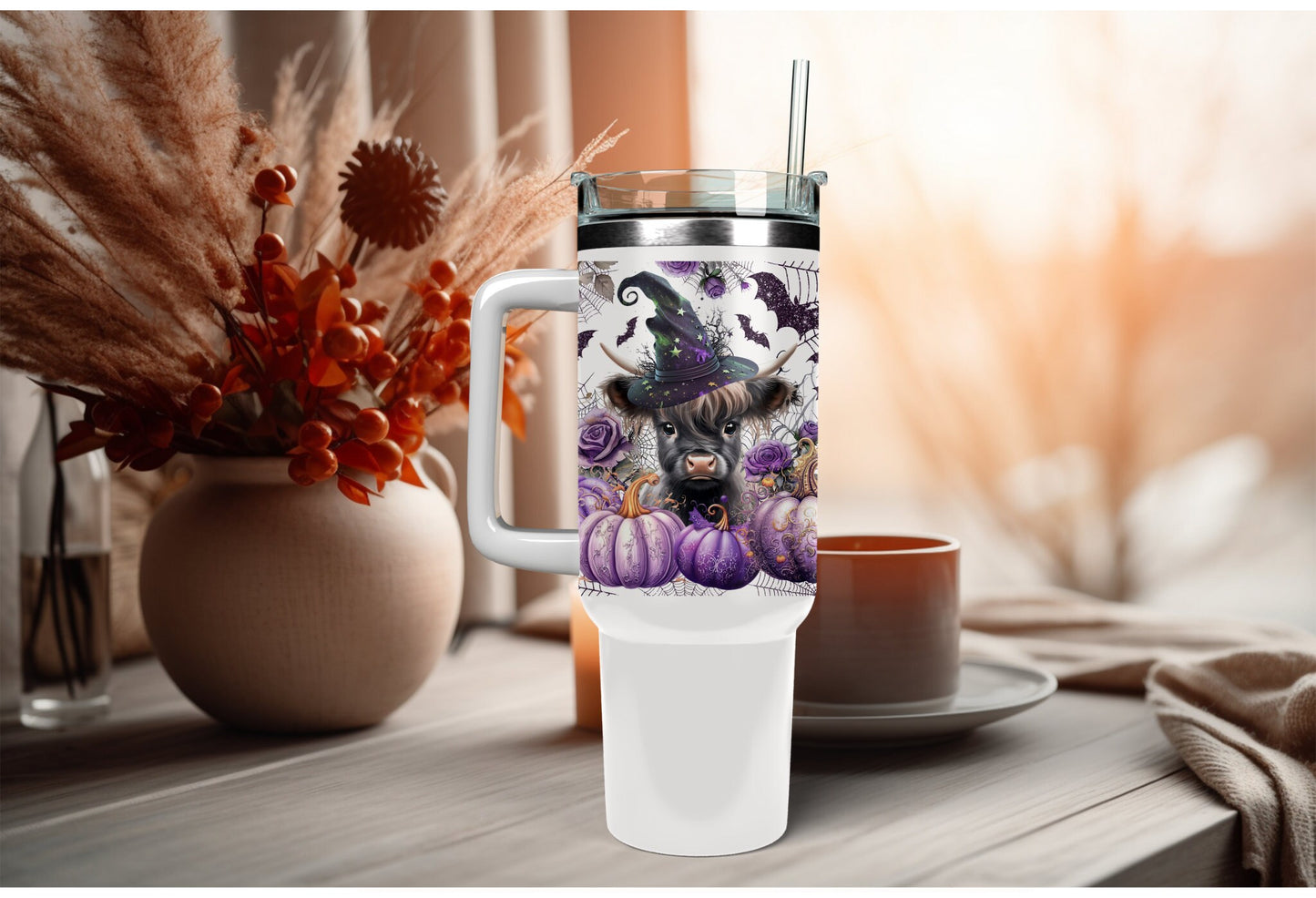 UVDTF Wrap Witch Highland Cow Purple pumpkins 16oz Can Glass, Mug,  40oz Tumbler, Double Sided Print Option, Ready to apply
