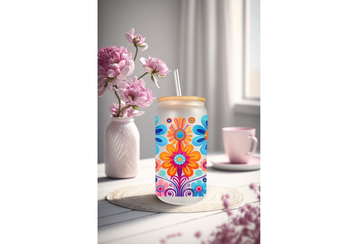 UVDTF Wrap Colorful Retro Flowers 16oz Can Glass Mug Tumbler,  Ready to apply, Permanent Waterproof adhesive
