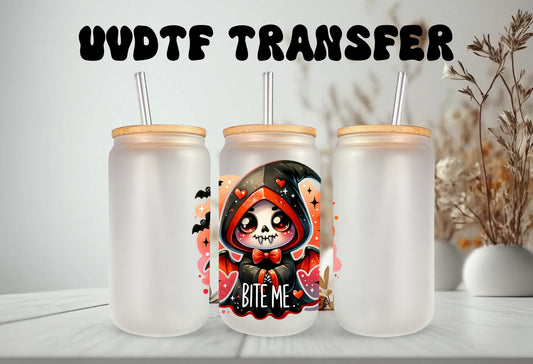 UVDTF Decal Skeleton Reaper Bite Me 16oz Can Glass, Tumbler or Mug, Nurse Decal, Ready to Apply, Permanent Waterproof Adhesive