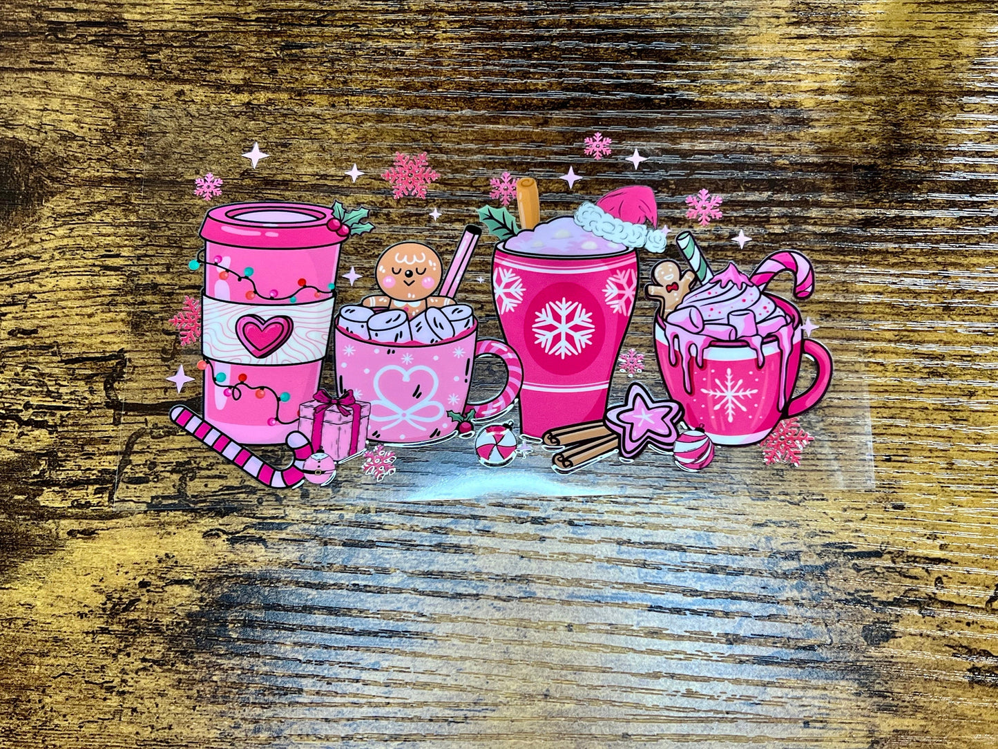 UV DTF 16 oz Can Glass Wrap Pink Christmas Iced Coffee, Ready to apply, Permanent Waterproof Adhesive