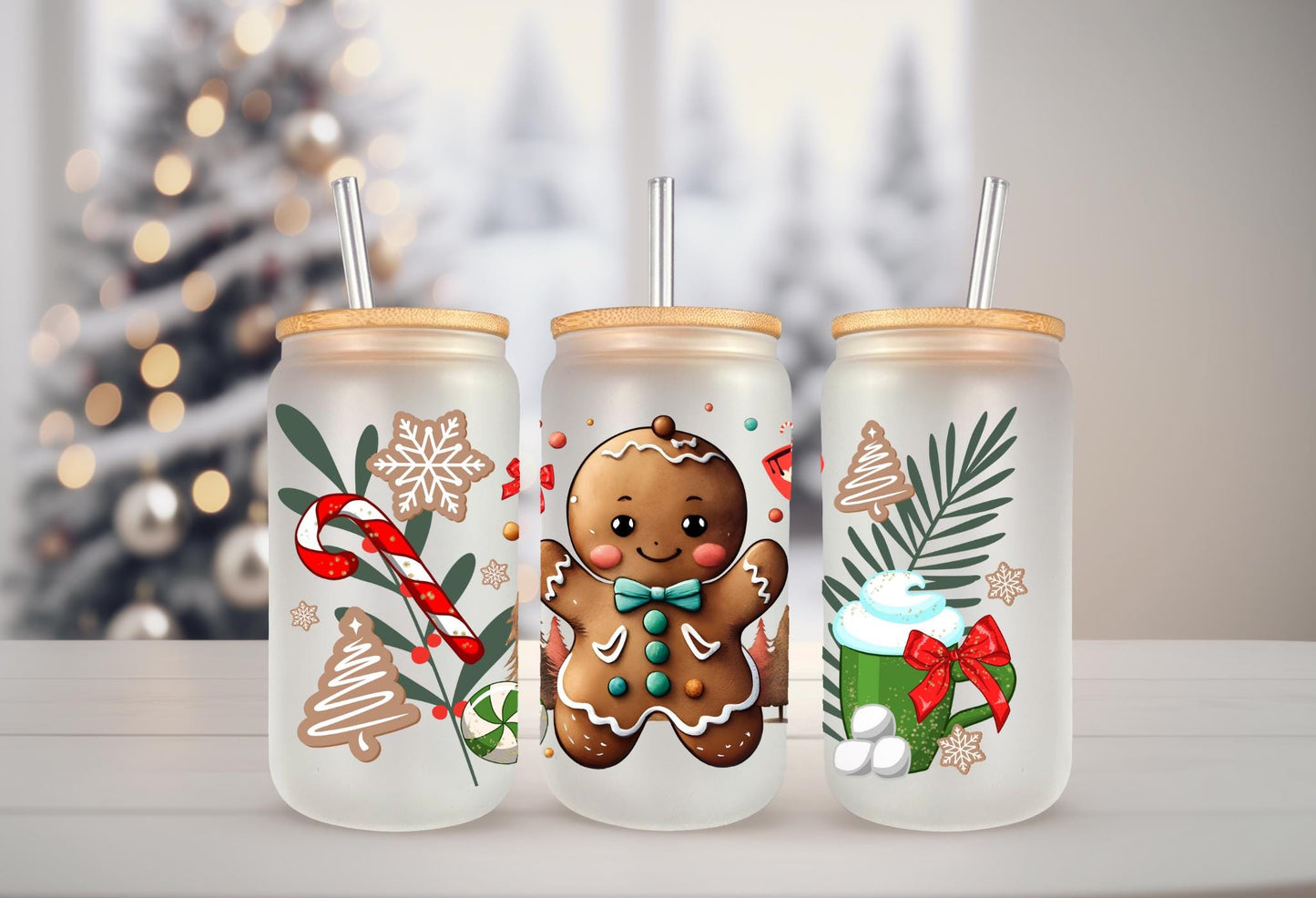 UVDTF WRAP Gingerbread Man Christmas 16 oz Can Glass Mug Tumbler, Christmas Wrap, Ready to apply, Waterproof Permanent Adhesive