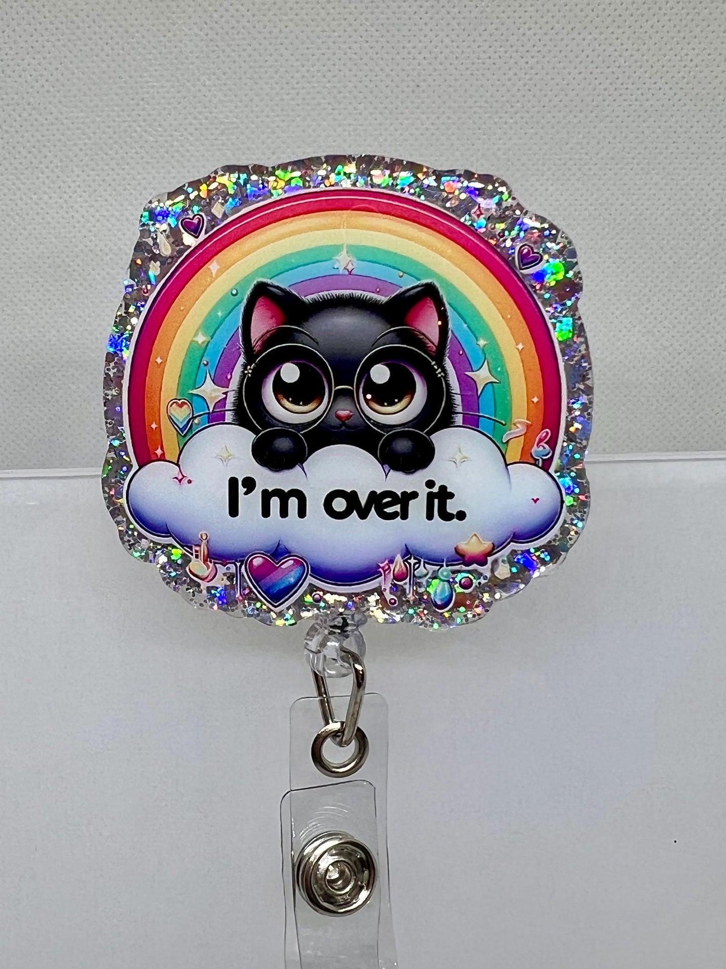 Cute Cat Badge Reel – 'I'm Over It' Rainbow and Cloud Design for Fun and Whimsical ID Holder