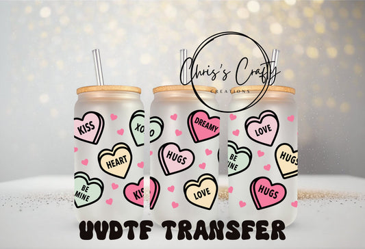 UVDTF Wrap Valentines Conversation Hearts 20oz Can Glass Mug Tumbler, Heart Wrap, Ready to apply, Permanent Waterproof Adhesive
